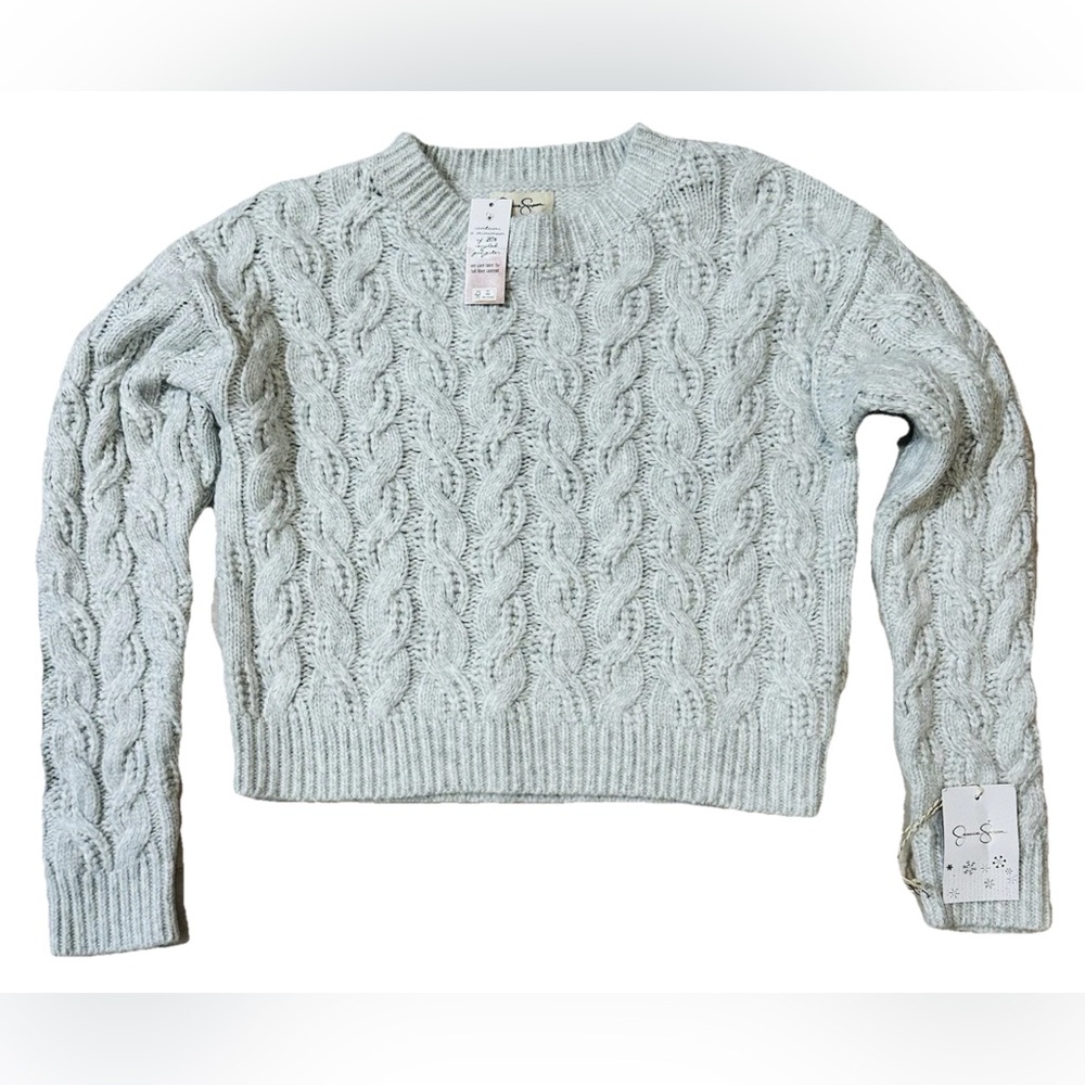 Jessica Simpson NWT Cable Knit Crop Sweater Gray Crew Neck Y2K Cottage Classic